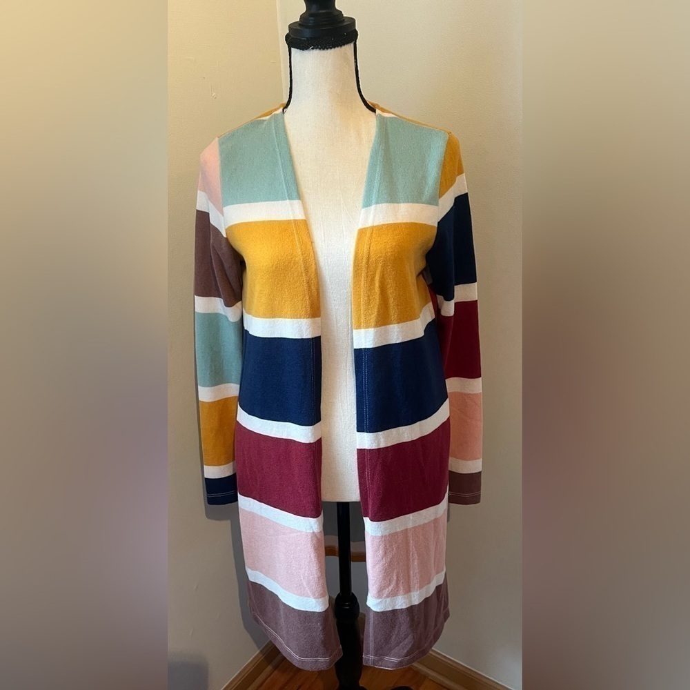White Birch Duster Cardigan Rainbow Colorblock Open Front Pockets Stripe Small